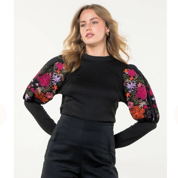 THML Tops - THML Black Blouse with Vibrant Embroidered Sleeves